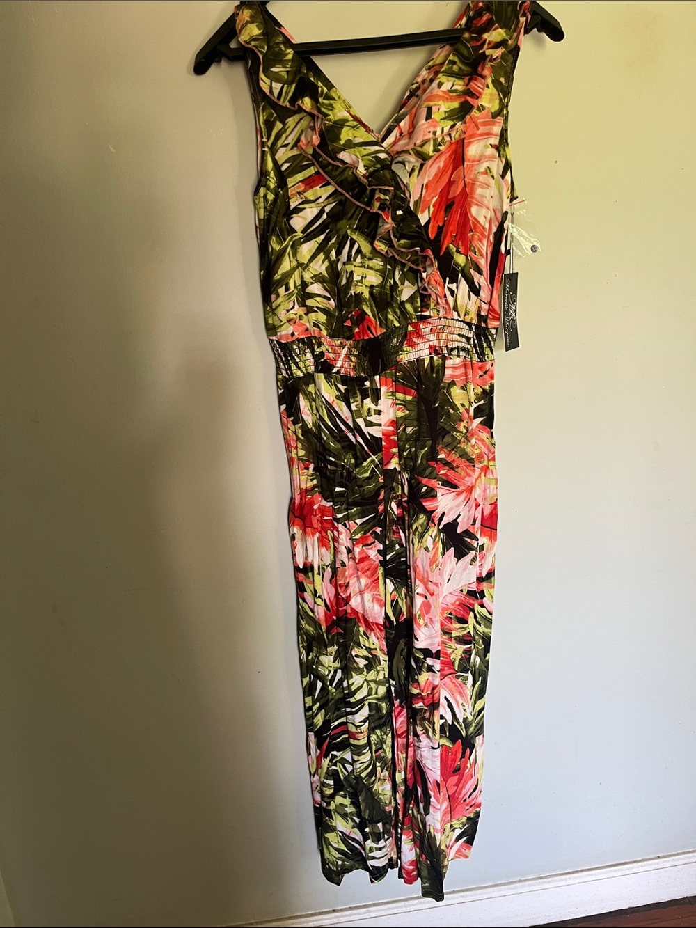Tropical V-Neck Sleeveless Jumpsuit - Pink & Green